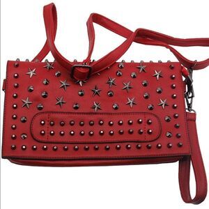 NWTGS Red Vegan Leather Silver Rivet Metallic Studded Crossbody Clutch Bag